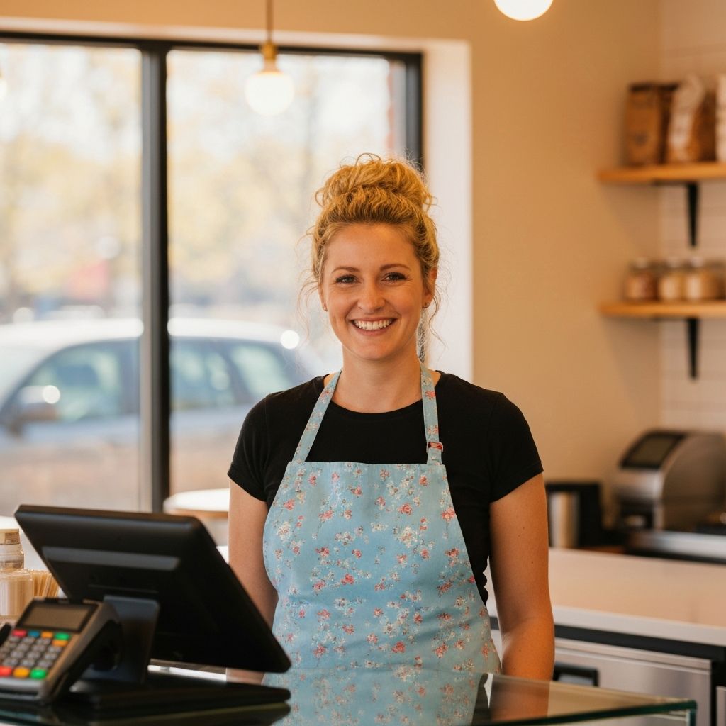 Happy merchant using payment terminal